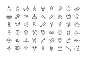Collection of Food and Kitchen Icons in Black Line Style