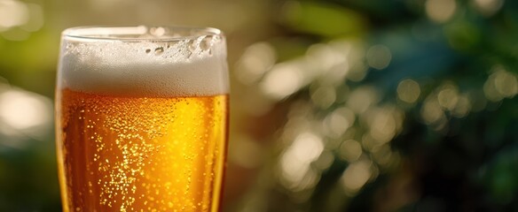 The refreshing glass of golden beer with frothy foam and bubbles.