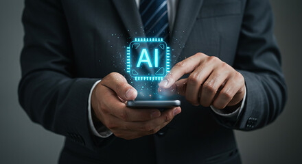 Man in suit using smartphone with ai hologram projection for technology integration and innovation