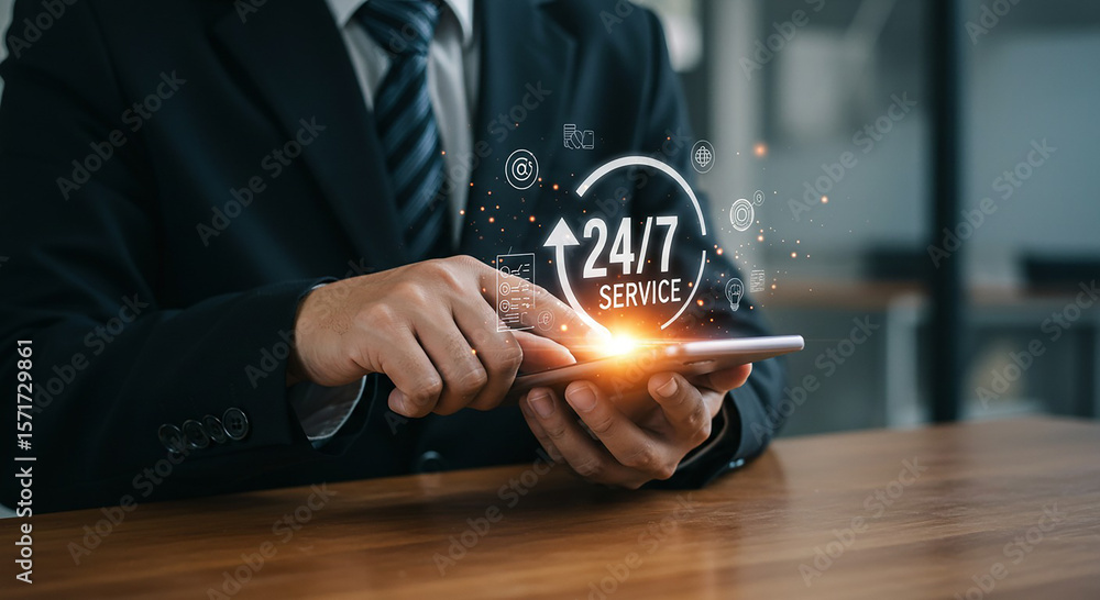 Aufkleber man in suit using smartphone with digital 24/7 service graphic overlay on a wooden table top view