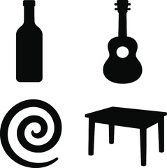 Collection of black silhouettes bottle guitar spiral and table on white background