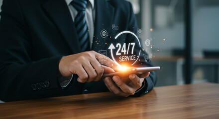 Man in suit using smartphone with digital 24/7 service graphic overlay on a wooden table top view