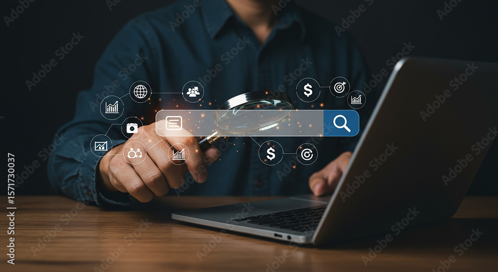 Poster person using laptop with search bar and magnifying glass overlay for online data analysis concept