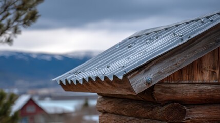Rustic architecture with corrugated metal roof and mountain background.