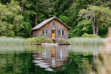 Rustic wooden cabin with a bright orange door sits on the edge of a serene lake, surrounded by lush greenery and reflecting beautifully in the calm water