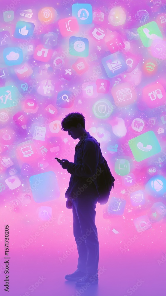 Poster Silhouette of a person using a smartphone surrounded by colorful app icons in a digital space