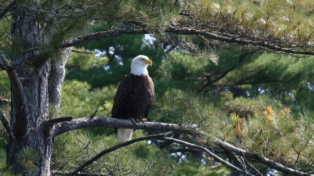 Bald eagle perched in pine tree
