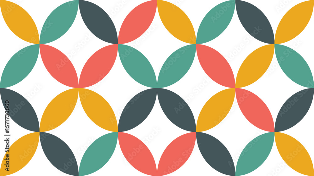 Poster pattern of overlapping colorful shapes forming a geometric design on white background