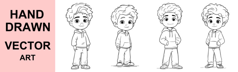 Hand Drawn Vector Illustration of Happy Smiling Boy in Hoodie Character Design Set for Kids, Comics, Education and Animation Projects