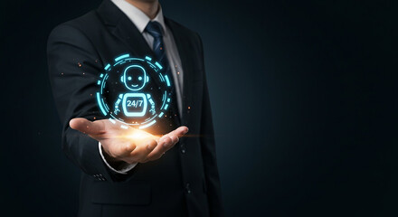A businessman holding a glowing digital icon of a chatbot with the text twenty four seven