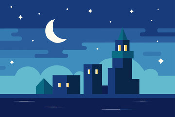 Night Cityscape with Moonlit Sea Illustration