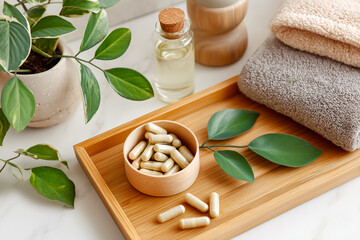 Natural wellness arrangement featuring herbal capsules in wooden bowl, surrounded by soft towels, essential oil, and green leaves