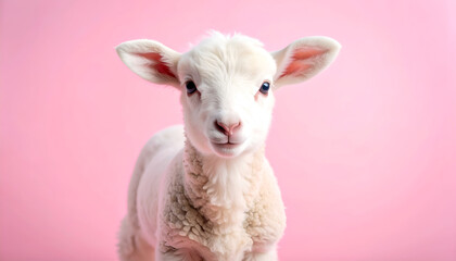 Fototapeta premium Adorable white lamb with soft wool and blue eyes, posing against a pink background.