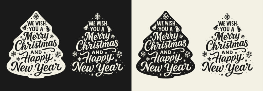Bold hand-lettered phrase "We wish you a Merry Christmas and Happy New Year" stacked to form a Christmas tree shape, surrounded by snowflakes and bells. Black and white flat vector.