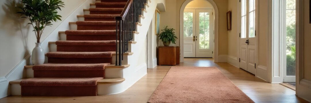 Luxurious, plush carpet stair runner adds warmth and elegance to a grand staircase, creating a sophisticated and inviting home entrance , pattern, flooring, classic