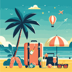 vektor summer vacation illustration – beach, palm tree, suitcase, flip flops, sunglasses, tropical drink, bright colors