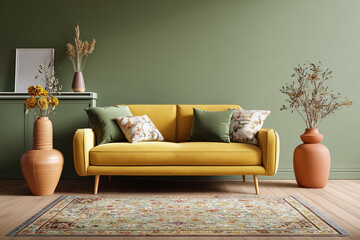Stylish living room featuring a vibrant yellow sofa adorned with decorative pillows, surrounded by elegant vases