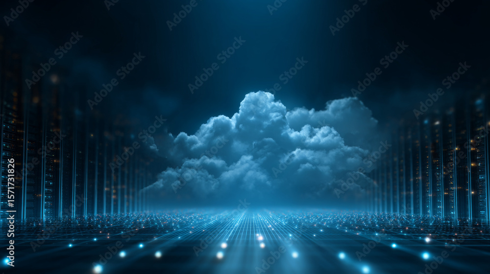 Poster cloud computing on circuit board futuristic blue background. cloud computing and database storage te