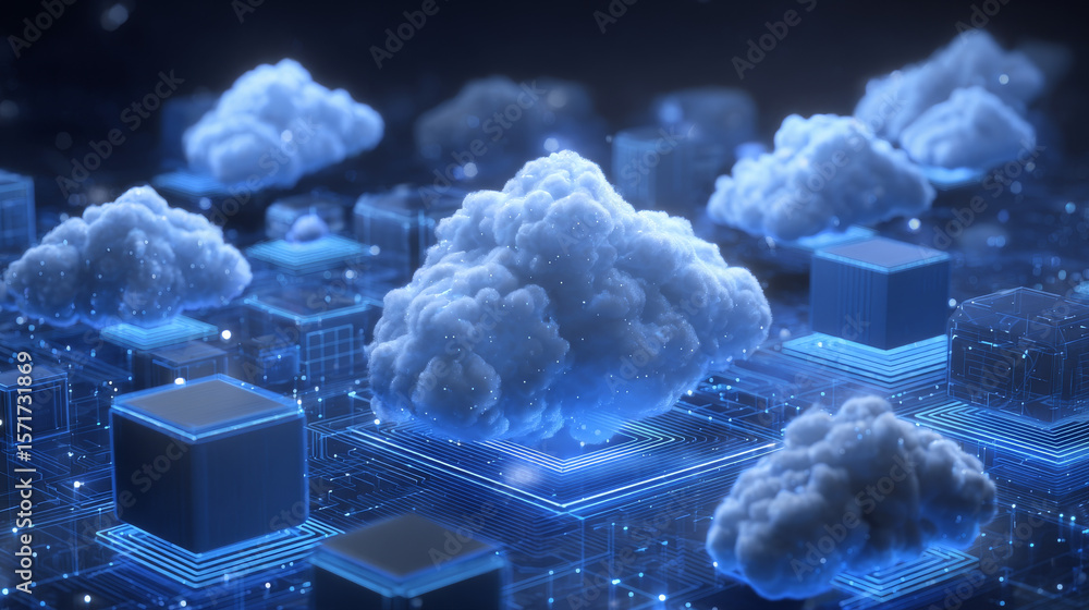 Poster cloud computing on circuit board futuristic blue background. cloud computing and database storage te