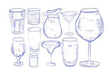 set Glass hand drawn set of cocktails and alcohol drinks. Sketch. vintage, line style
