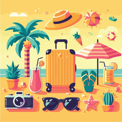 vektor summer vacation illustration – beach, palm tree, suitcase, flip flops, sunglasses, tropical drink, bright colors