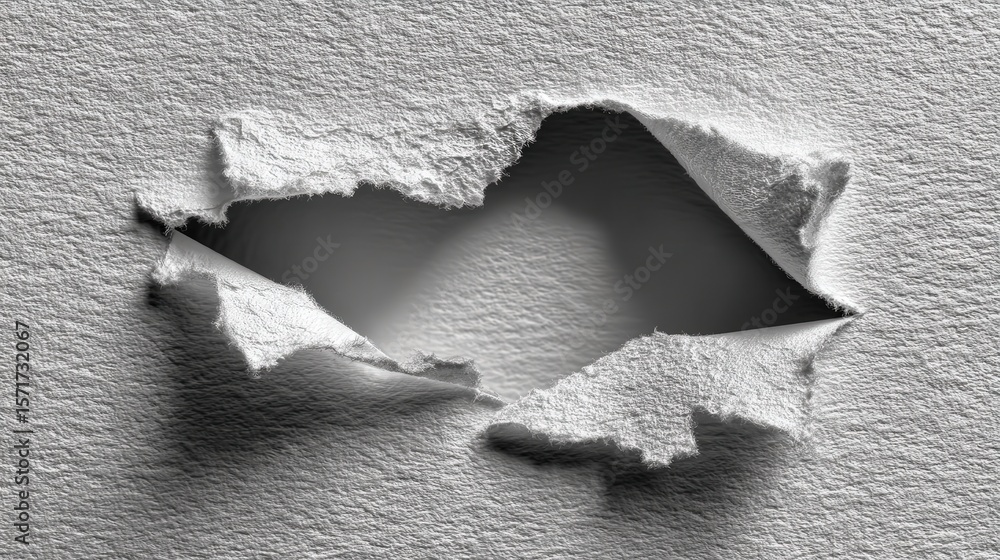 Poster paper with irregular tear reveals a textured surface beneath in a close up view