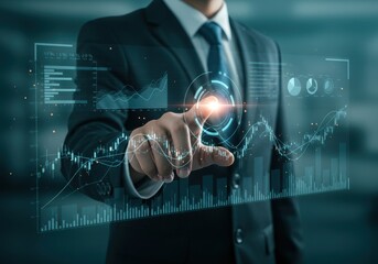 Businessman interacting with futuristic financial data visualization and analysis technology