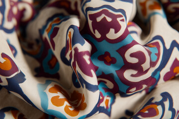 Colorful patterned fabric with intricate floral designs, showcasing vibrant hues of blue, purple, and orange