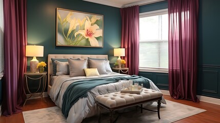 Elegant cozy bedroom with deep teal bedding, soft plum walls, floral art posters, and a bright window covered with olive mesh drapes, full frame,