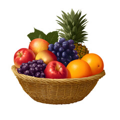 A bountiful woven basket filled with fresh red apples grapes oranges lemons pineapple and tangerines isolated on transparent background