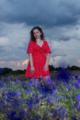 Beautiful woman posing in red dress in purple flower field at sunset