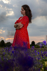 Beautiful woman posing in red dress in purple flower field at sunset