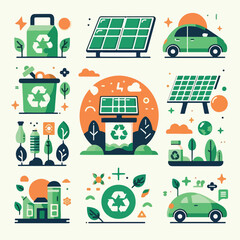 vektor eco-friendly vector set – green energy, solar panels, recycling, electric car, plant-based food, minimal color palette