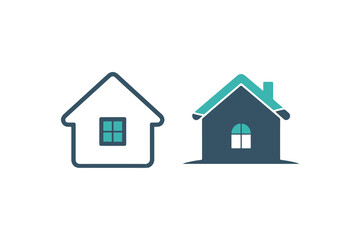 Two Simple House Icons, One Outline, One Filled.This image features two stylized house icons.