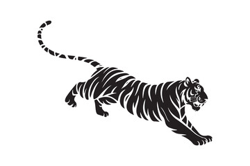 Powerful Tiger Silhouette in Dynamic Pose.A bold, black silhouette of a tiger in a dynamic, leaping pose.