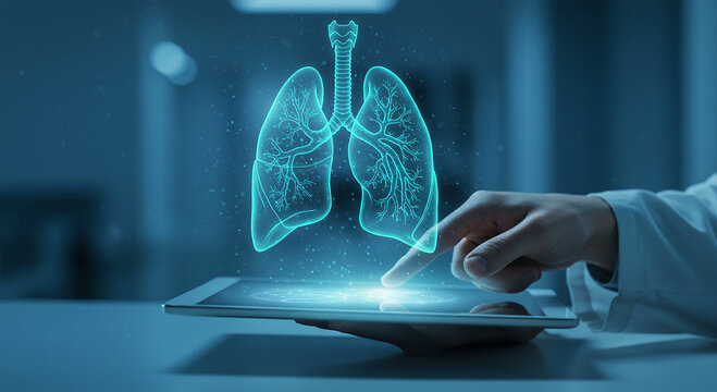Doctor using tablet with holographic lungs display for medical diagnosis and research analysis