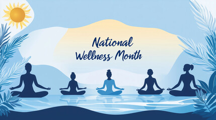 Banner National Wellness Month. Pastel tones, organic shapes, minimalist silhouettes diverse individuals practicing wellness activities. Yoga and meditation. Wellness programs, healthcare campaigns se