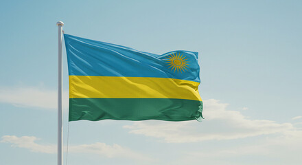 The Rwandan national flag waving gently in the morning breeze, isolated against a pastel-blue, cloudless sky.