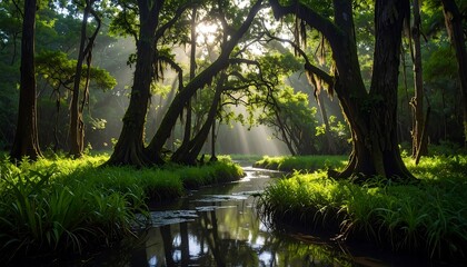 Obraz premium Stream Flowing Through Forest with Sunlight and Greenery