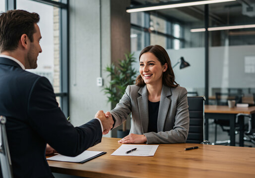 Bank Worker Woman Shaking Hand with Client, HR Manager Welcomes Recruit Employee.