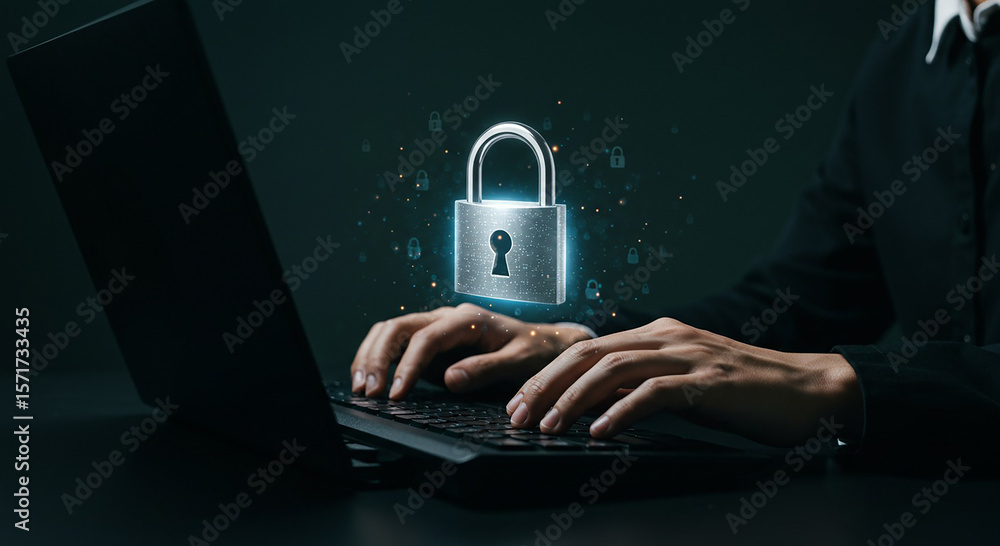 Aufkleber person typing on a laptop with a digital padlock hovering above the keyboard for security theme