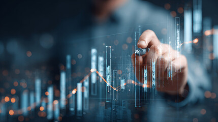 hand show graph chart stock market economic. growth business concept. plan strategy company increase profit to success global. trend marketing grows technology digital. economy, financial, and invest