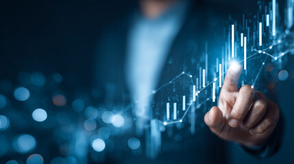 hand show graph chart stock market economic. growth business concept. plan strategy company increase profit to success global. trend marketing grows technology digital. economy, financial, and invest