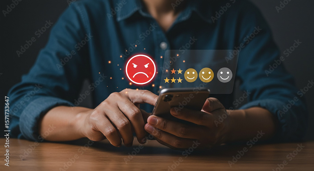 Aufkleber person using smartphone to give a negative review with an angry face and stars on the screen display