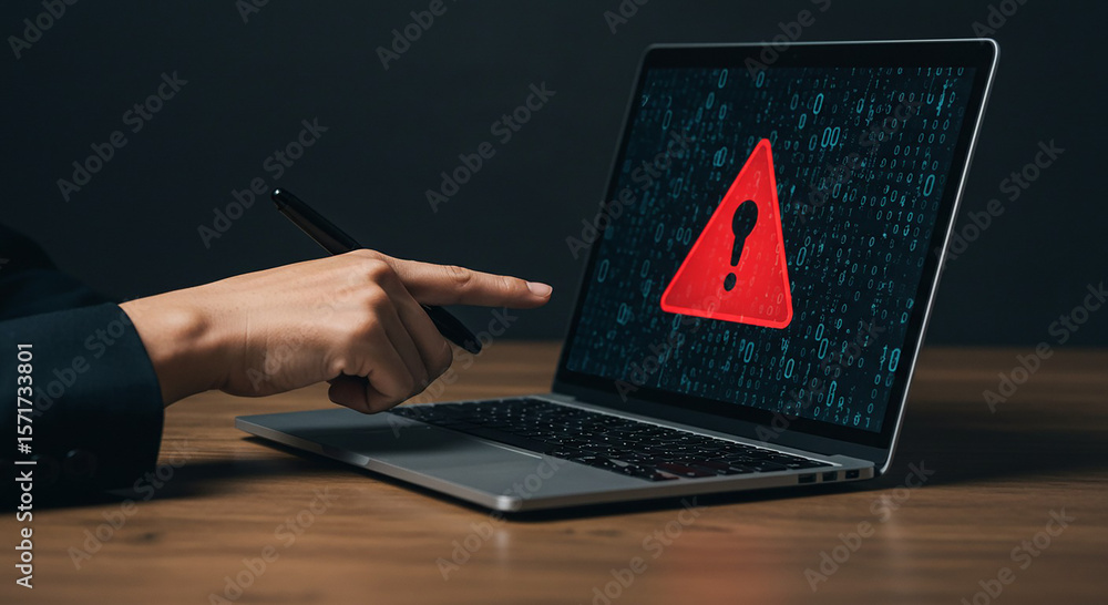 Aufkleber person pointing at laptop screen displaying red warning triangle with question mark symbol on it