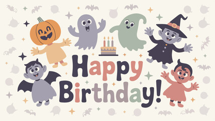 Flat vector illustration of cute Halloween characters – smiling pumpkin, ghost, witch, black cat, and vampire, in minimal cartoon style with soft colors