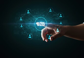 Obraz premium Hand interacting with a digital b2b network connecting business professionals on a futuristic interface