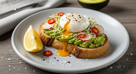 Avocado Toast with Poached Egg and Microgreens on Sourdough
