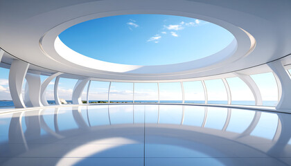 Fototapeta premium A futuristic circular room with panoramic ocean views, featuring a large skylight and reflective floor.