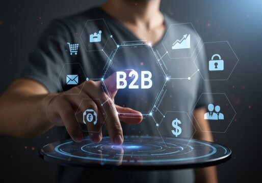 Businessman interacts with a futuristic digital interface displaying b2b business concepts and icons
